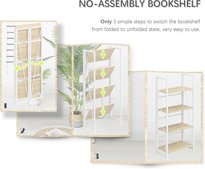4NM No Assembly Folding Bookshelf Storage Shelves 4 Tiers Vintage Bookcase - Image 7
