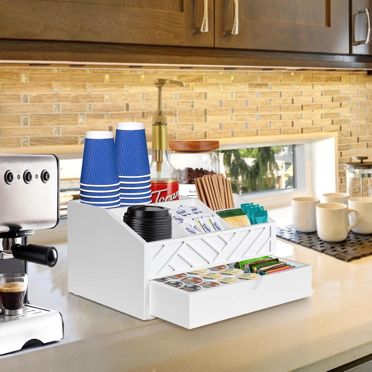 Coffee Bar Organizer with Drawer, Coffee Station Organizer for Countertop, Wo...