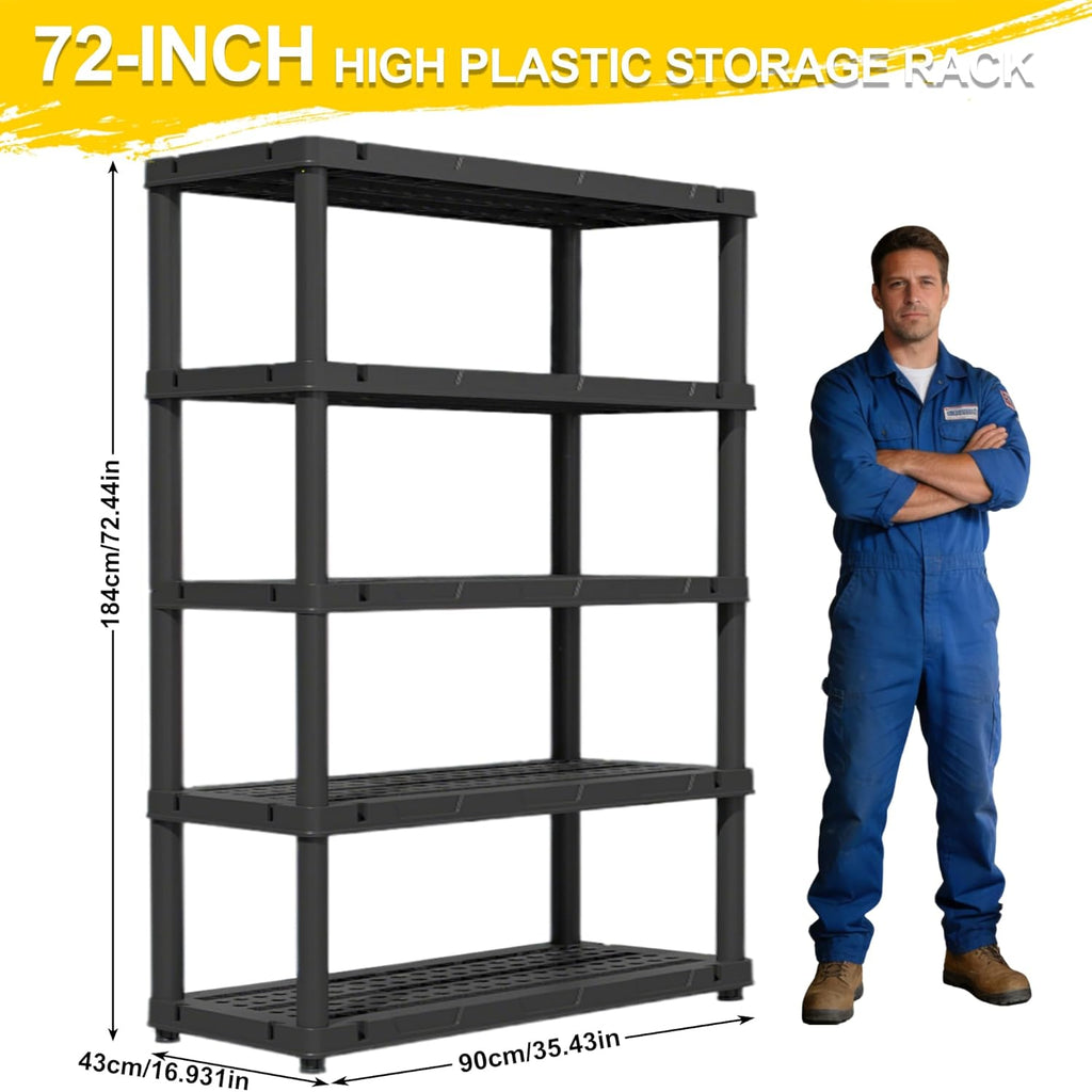 72”h plastic garage storage shelves,5-tier heavy duty plastic, close-up detail