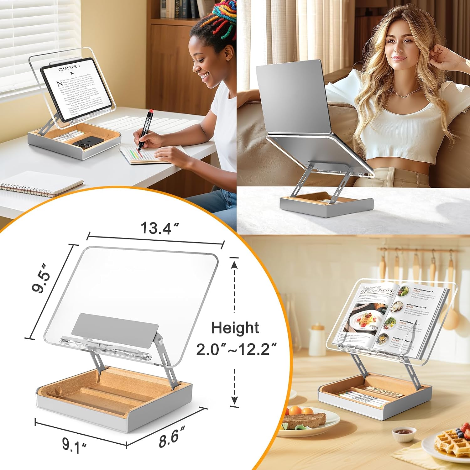 Book Stand with Storage, Book Holder for Reading Hands Free | Wooden Cookbook Stand for Kitchen Counter, Adjustable Reading Stand for Desk, Recipe Stand, Book Prop for Book Lovers -Clear