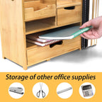 zoofox bamboo desk organizer with adjustable file holder showing dimensions