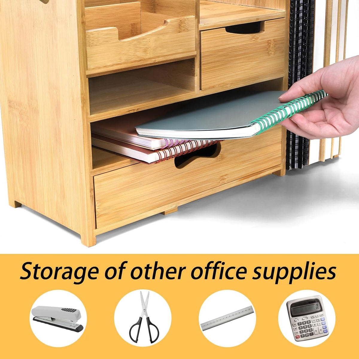 zoofox bamboo desk organizer with adjustable file holder showing dimensions