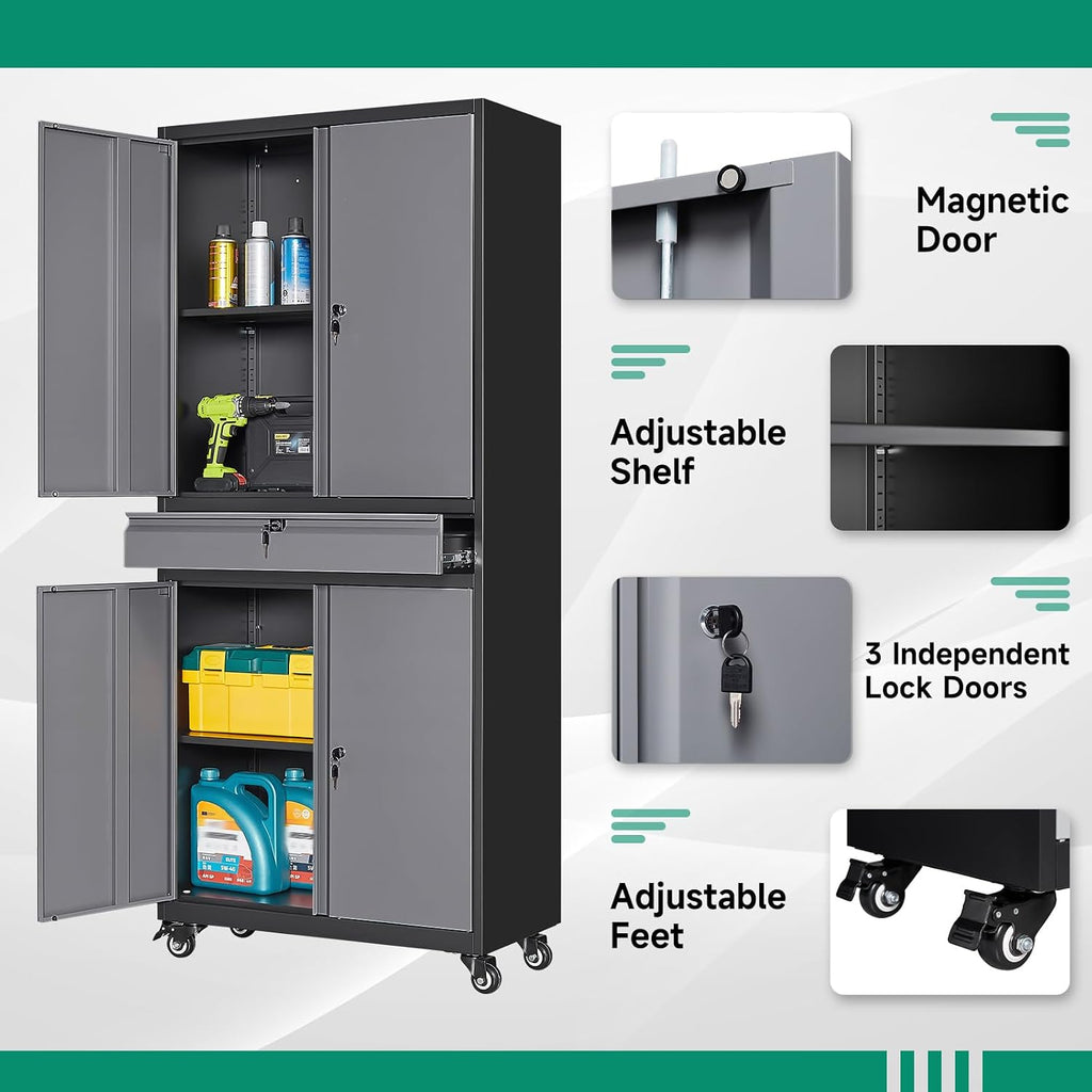 letaya metal garage storage cabinet with wheels,72” rolling on a desk or shelf