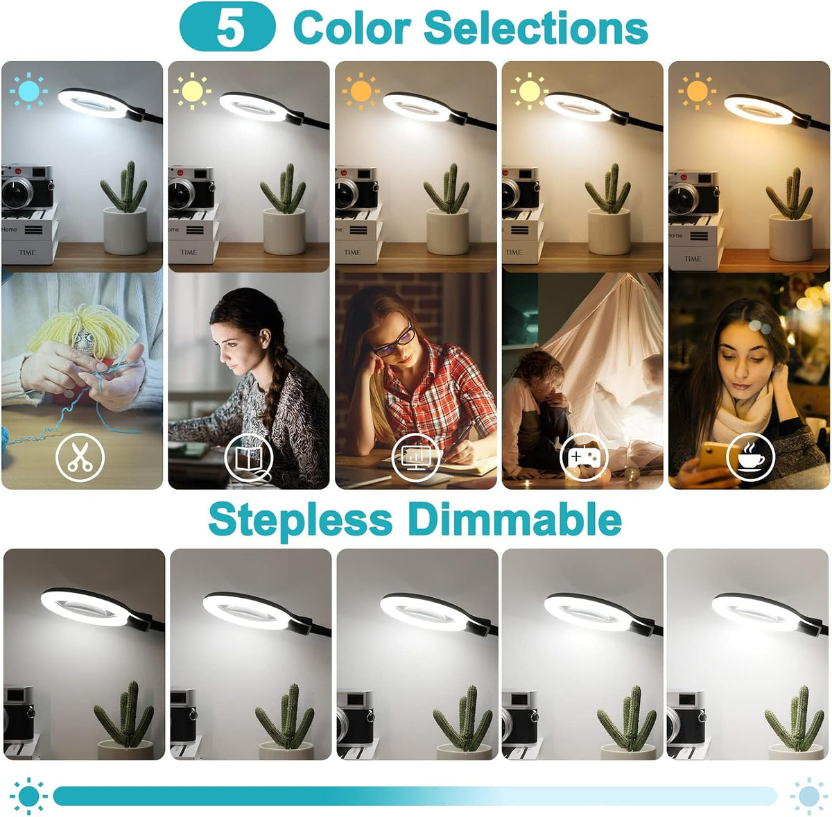 10X Magnifying Glass with Light and Clamp, 5 Color Modes Stepless Dimmable Li...
