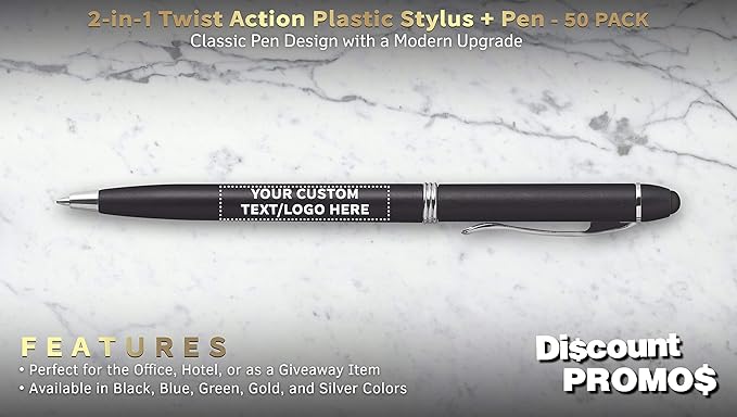DISCOUNT PROMOS Custom Twist Action Plastic Stylus Pens, Personalized Bulk Pack - Image 2