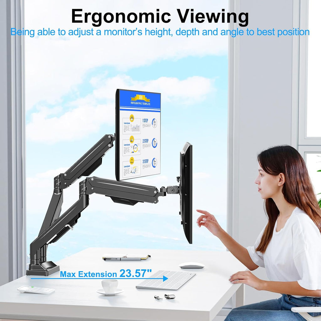 dual monitor mount for screens up to 43" on a desk or shelf