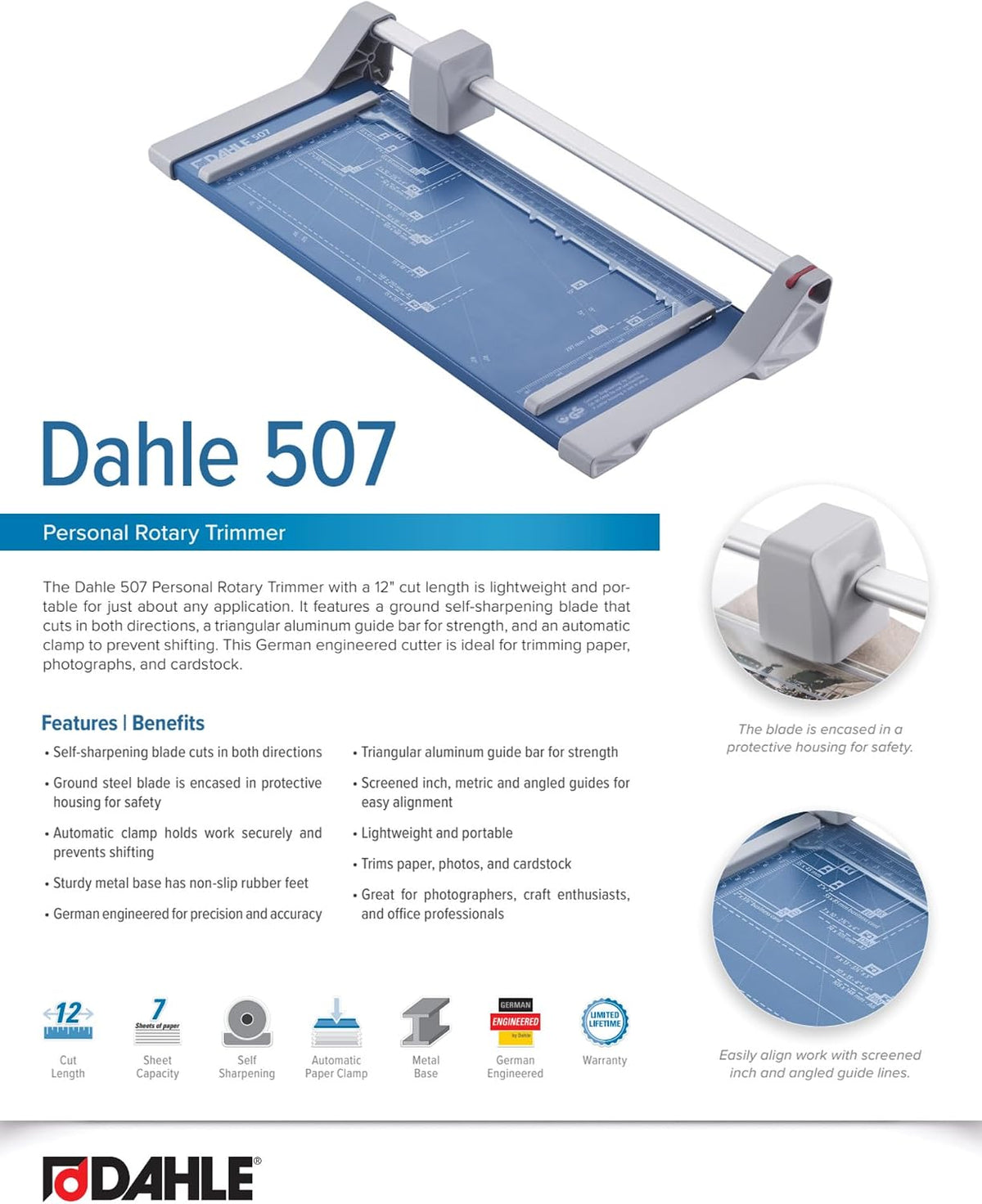 Dahle 507 Personal Rotary Trimmer, 12" Cut Length, 7 Sheet Capacity, Sel...