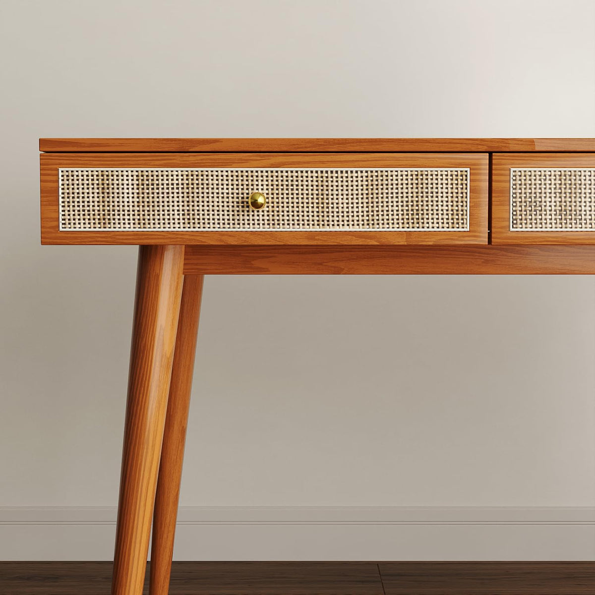 Mid-Century Modern Solid Wood Desk with Drawers – 45 inch Small Boho Rattan W...