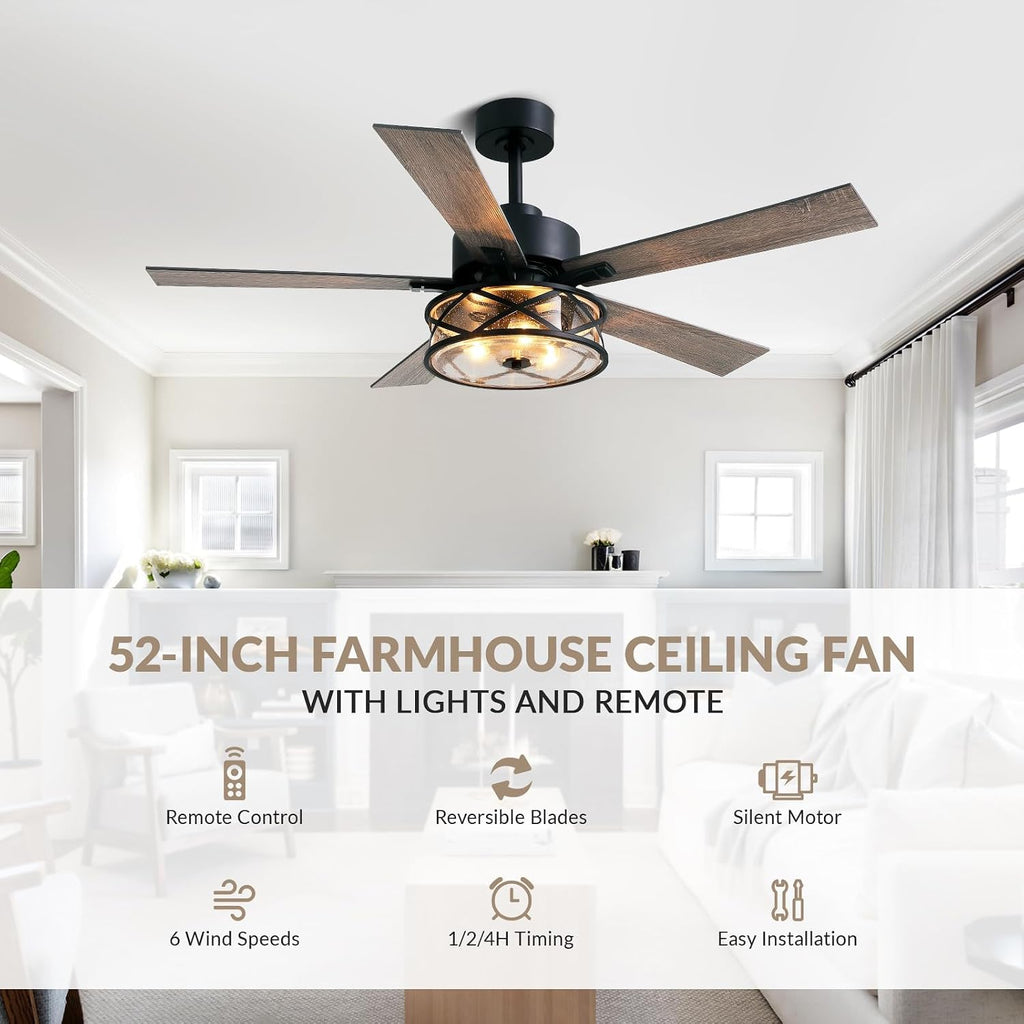farmhouse ceiling fans with lights and remote control shown in use
