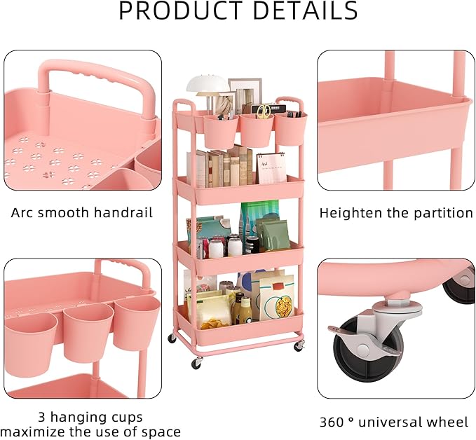 JIUYOTREE 4-Tier Plastic Rolling Storage Cart Utility Cart - Image 7