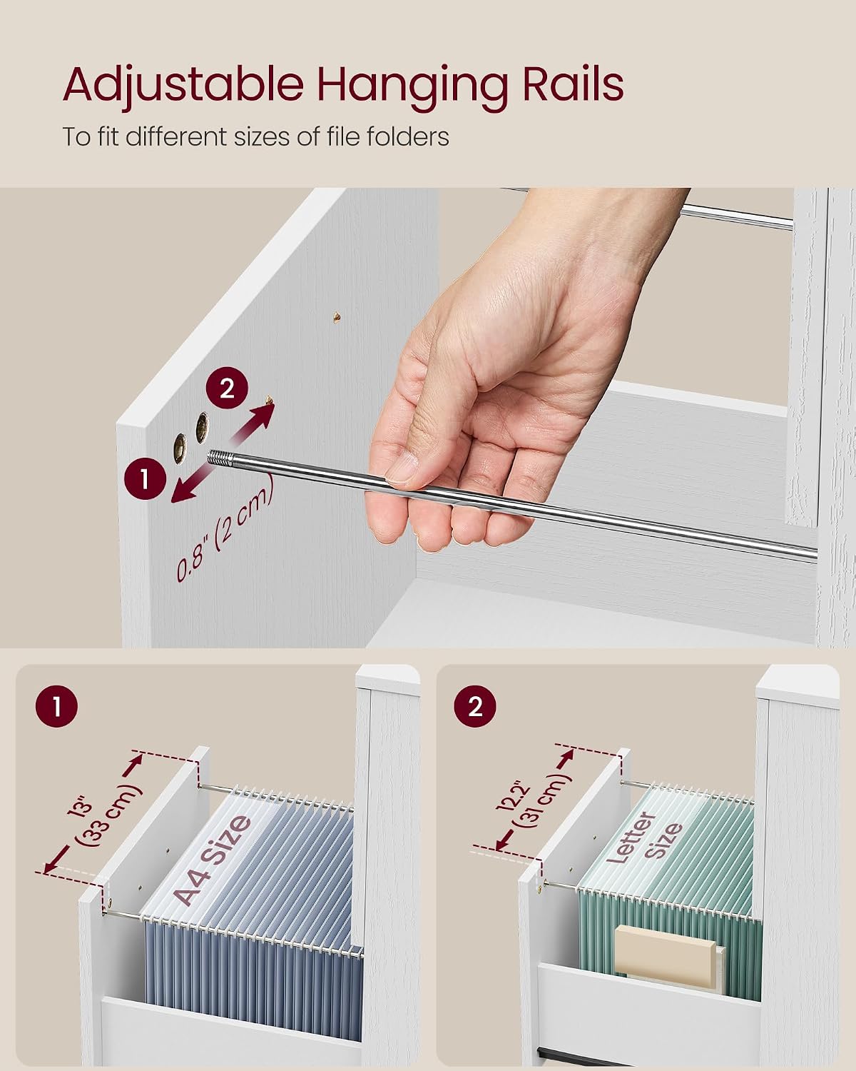 vasagle 2-drawer file cabinet, small rolling filing cabinet, side view