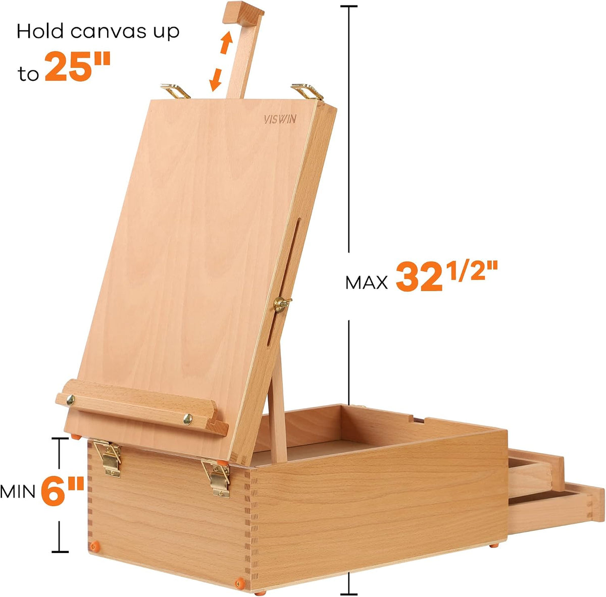 viswin large tabletop easel box with 3 storage, side view
