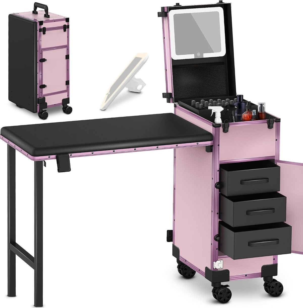 EASYINBEAUTY Rolling Portable Manicure Table with 3 Storage Drawers, Pink