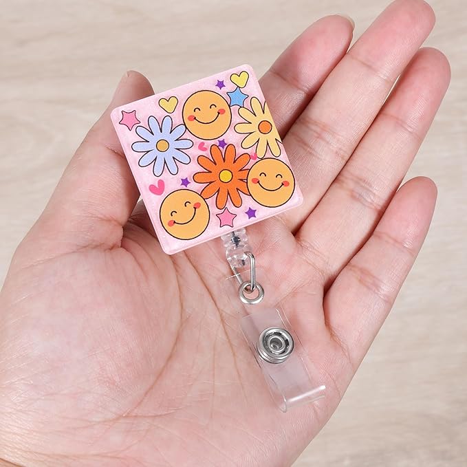 Pink Smiley Face Flower Funny Nurse Badge Reel, Cute Retractable ID Card - Image 4