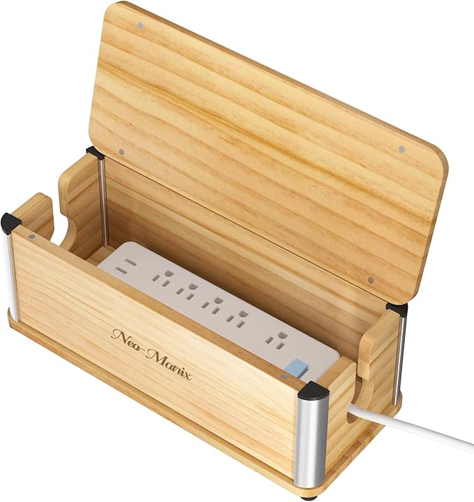Delamu Wooden Cable Management Box, Retro-Inspired Look Desk Cord Organizer Box by DELAMU
