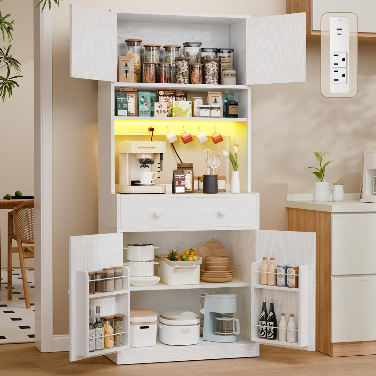 71" Tall Kitchen Pantry Cabinet with Microwave Countertop, LED Lights White