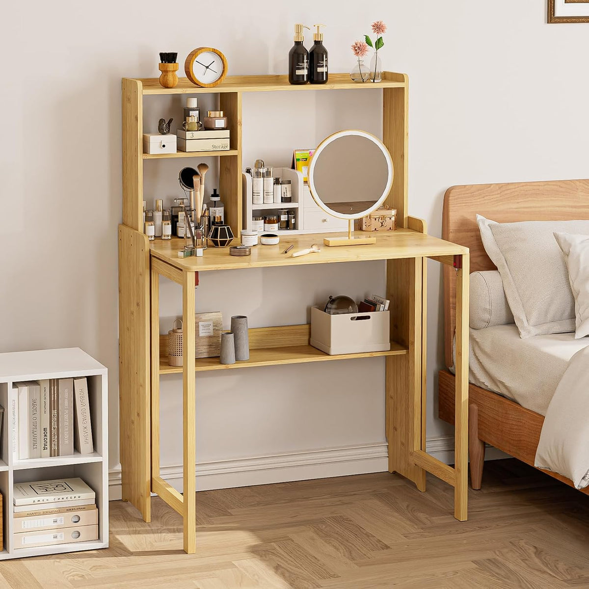 Folding Desk for Small Spaces, Bamboo Foldable Desk with Bookshelf, Natural