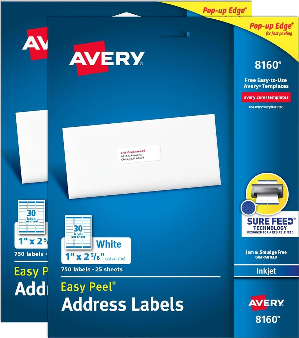 Avery® Easy Peel® Printable Address Labels, Sure Feed® Technology, 1" x 2-5/8" Customizable Stickers, White, 1,500 Blank Mailing Labels, Great for Mailing, Shipping, and More (2-Pack of 08160)