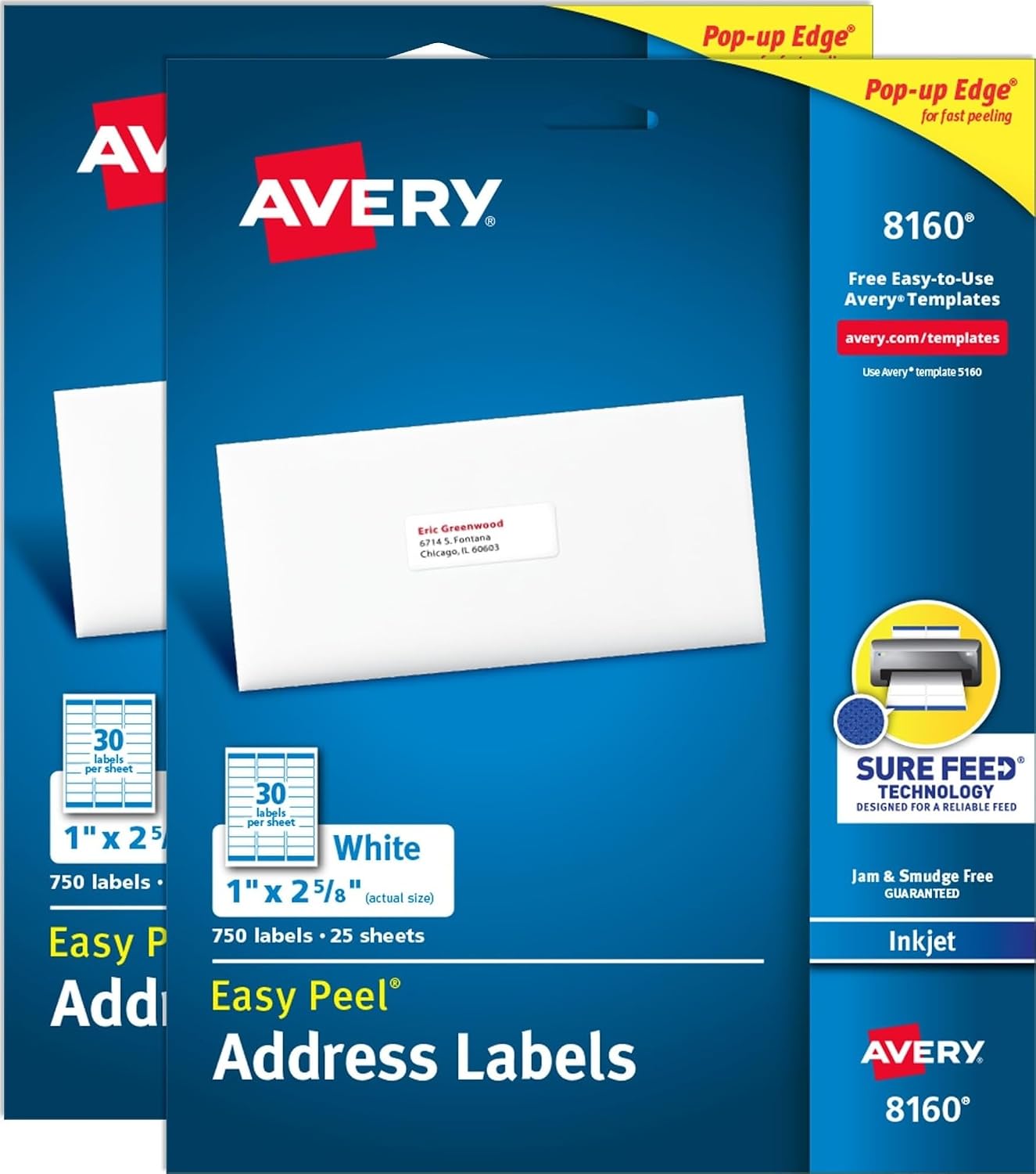 Avery® Easy Peel® Printable Address Labels, Sure Feed® Technology, 1" x 2-5/8" Customizable Stickers, White, 1,500 Blank Mailing Labels, Great for Mailing, Shipping, and More (2-Pack of 08160)