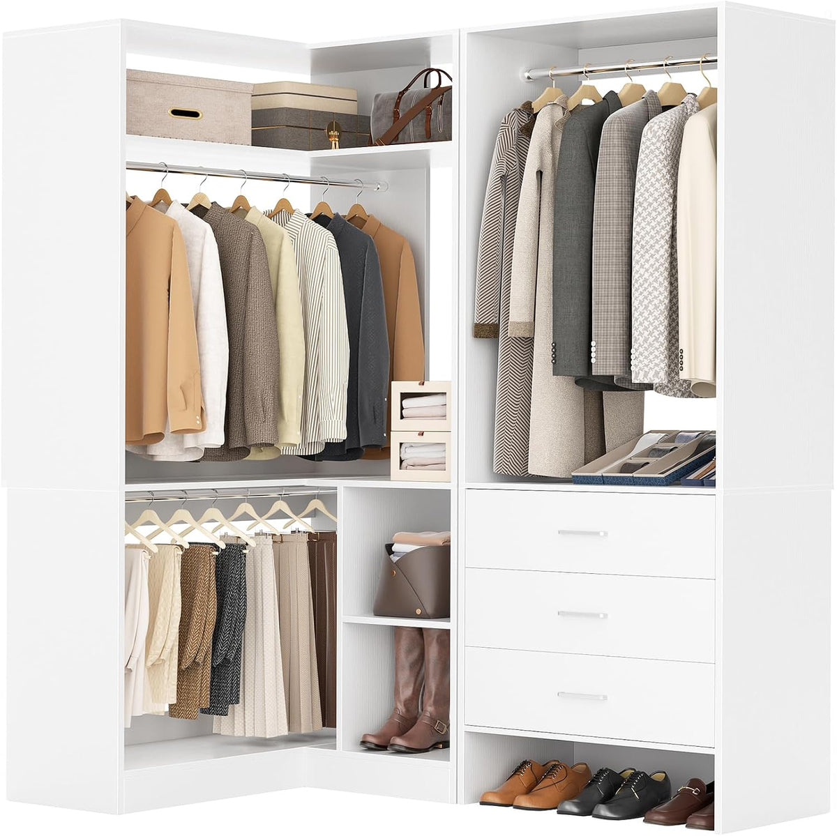 Aheaplus Closet System with 3 Drawers, L-Shaped Closet, Set of 2, White