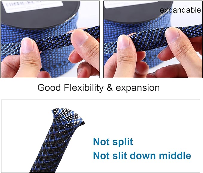 25ft - 1/4 inch PET Expandable Braided Sleeving – BlackBlue – Alex Tech Braided - Image 5