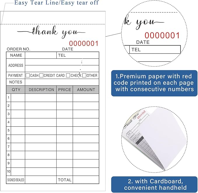Thank You Receipt Book, 3.4x5.5" Handheld 2-Part Carbonless Sales Invoice Book - Image 3