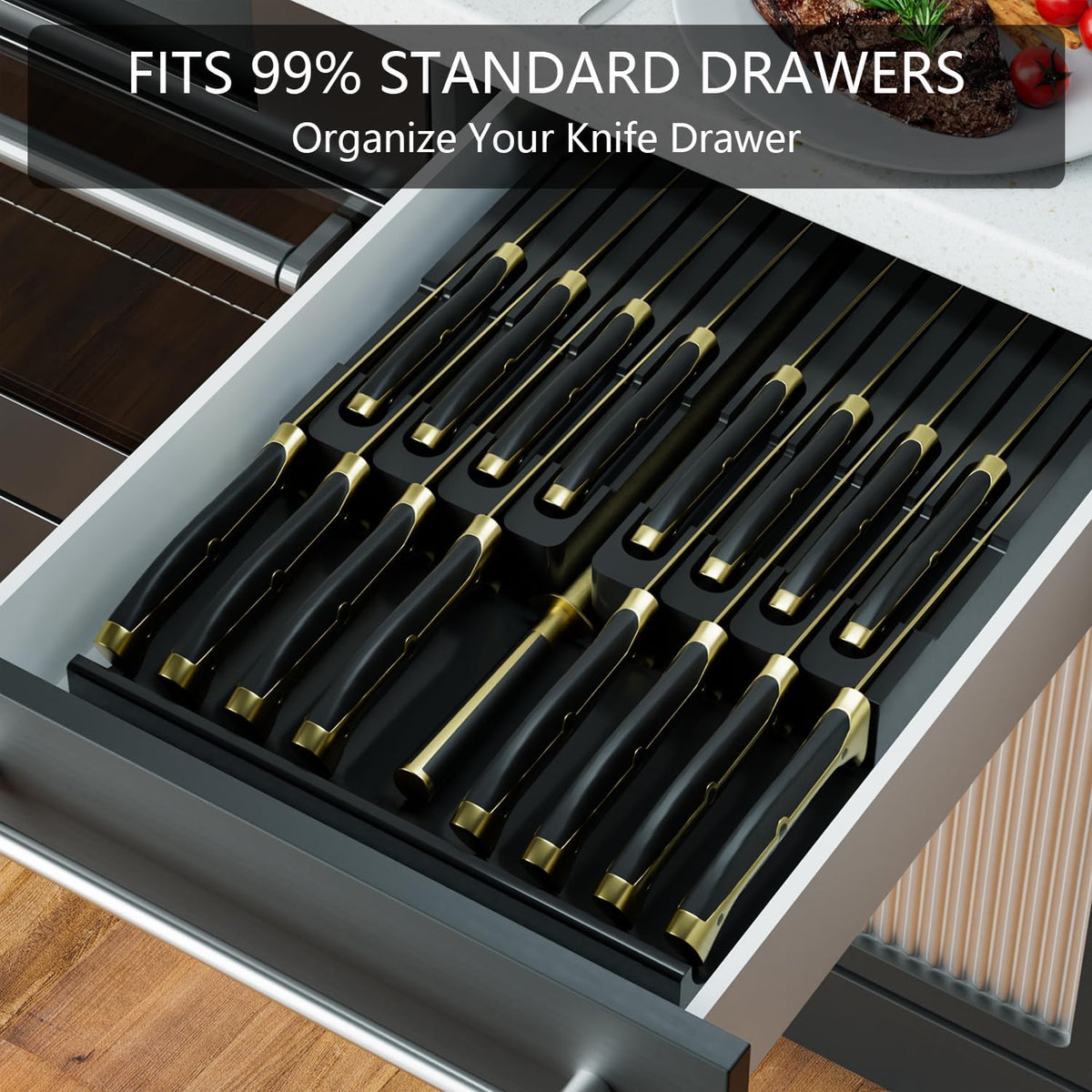 Domax Bamboo In-drawer Knife Block - Kitchen Knife Drawer Organizer Insert, K...