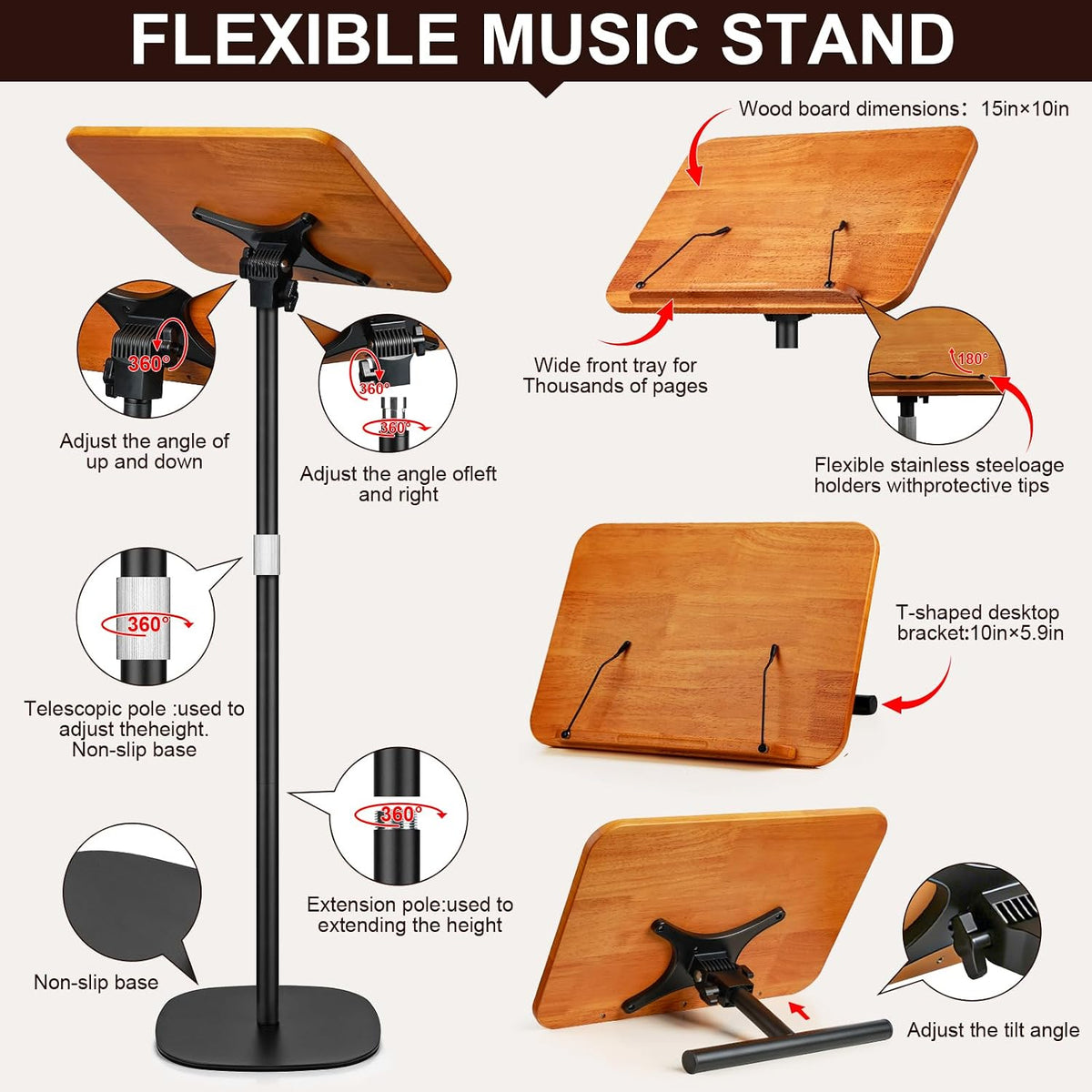 2-in-1 Dual-use Floor & Desktop Music Stand, Adjustable 16.5"-51&quo...