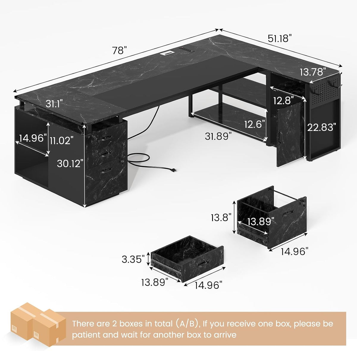 78" Executive Desk with Lockable File Cabinet, L Shaped Office Desk with...