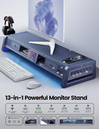 vaydeer all-in-one dual monitor stand riser with 2 shown in use