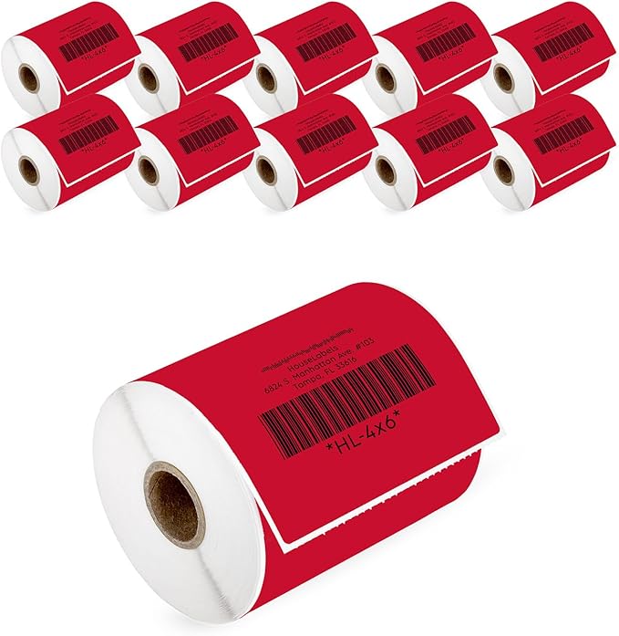 HOUSELABELS 4" x 6" Red Shipping Labels on 1" Core Compatible by HouseLabels