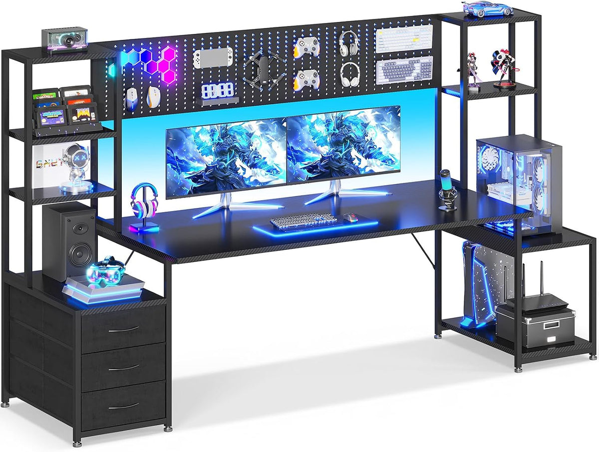 AODK 79 Inch Gaming Desk with Shelves & DIY Pegboard, PC Desk with Drawers