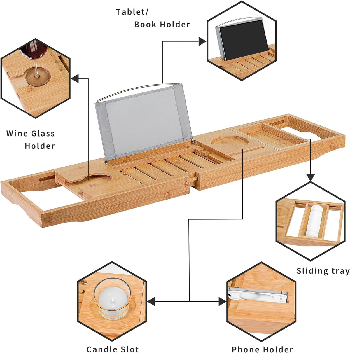 Utoplike Bamboo Bathtub Caddy Tray for Tub, Adjustable Bath Table