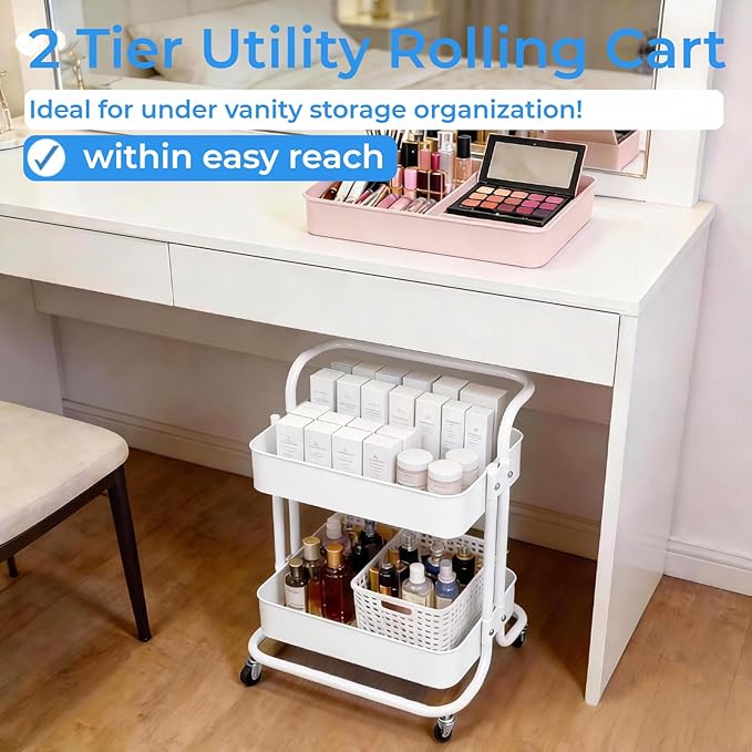 Ufriandz 2 Tier Cart with Wheels Under Desk Storage with Handle, Metal Rolling - Image 7