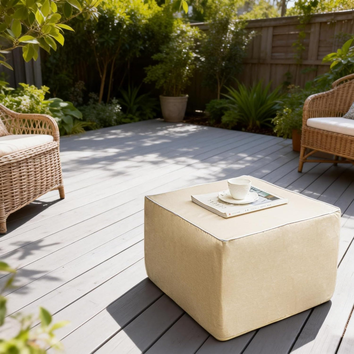 Outdoor Square Ottoman 20x20x14 In, Outdoor Footstool,Patio Footrest Linen