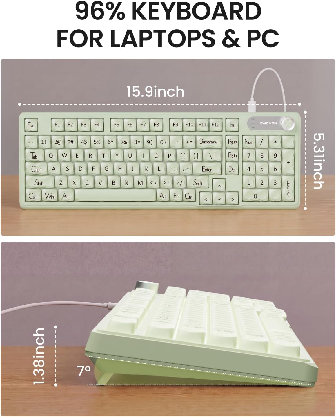 EWEADN Wired Creamy Keyboard with Number Pad, Media Knob, RGB Backlit-Green