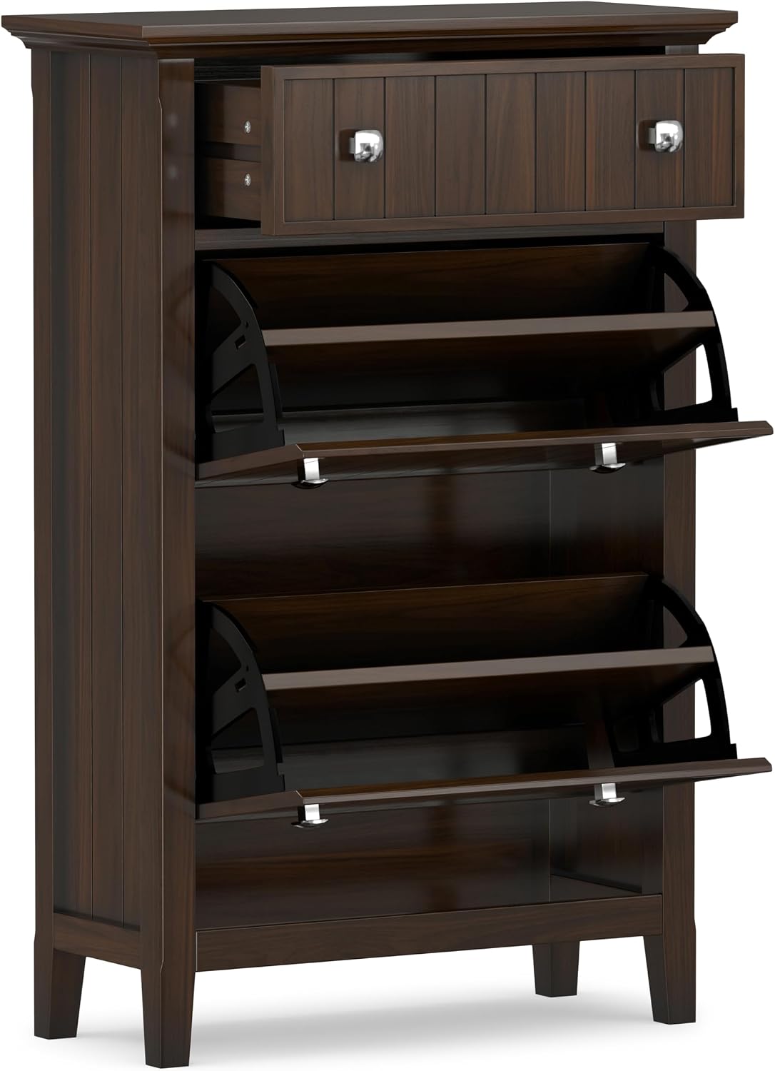SIMPLIHOME Acadian 32" Wide Solid Wood Shoe Cabinet in Brunette Brown