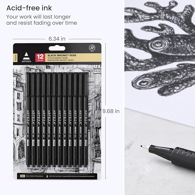 ARTEZA Black Inkonic Fineliners Pens, 0.4 mm Fine Tip Markers, Water-Based Art - Image 6