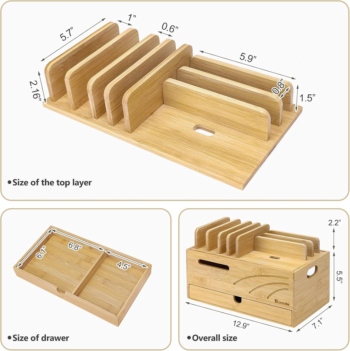 Homde Bamboo Charging Station Organizer: 6 Compartments and Drawer