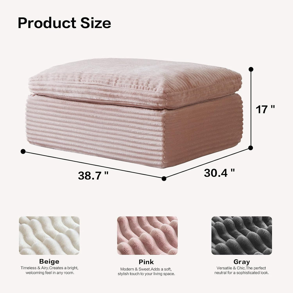 38.7" Large Square Ottoman, Cloud Pouf, Boneless, Dense Foam, Corduroy Pink