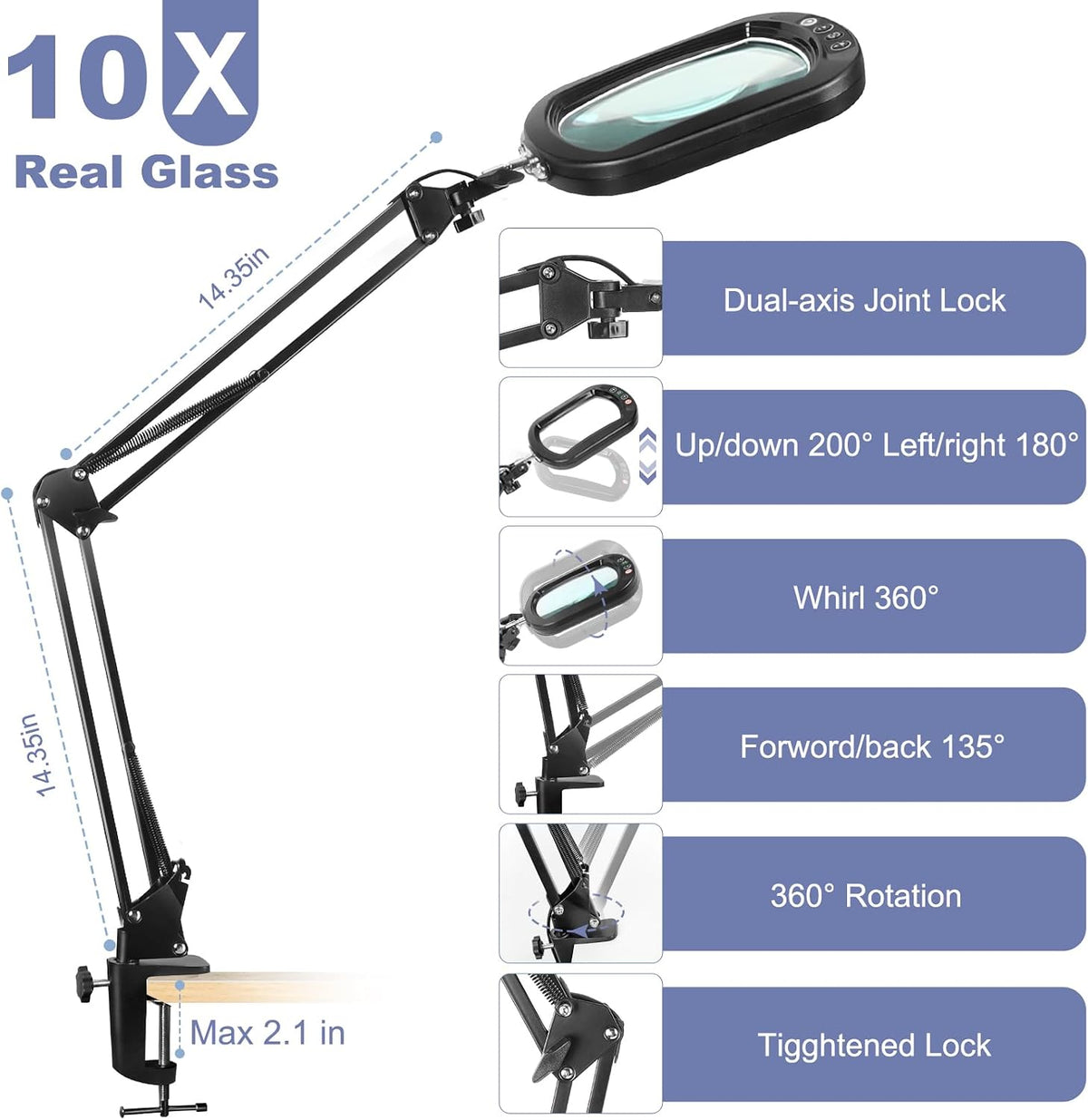 10X Large Magnifying Glass with Light and Clamp, Real Glass, 5 Color Modes, S...