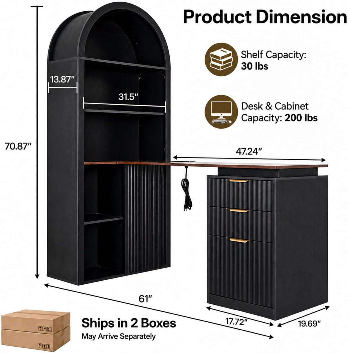 NORTHSKY 61" L Shaped Desk with Arched Bookshelf Hutch, Black Corner Com...