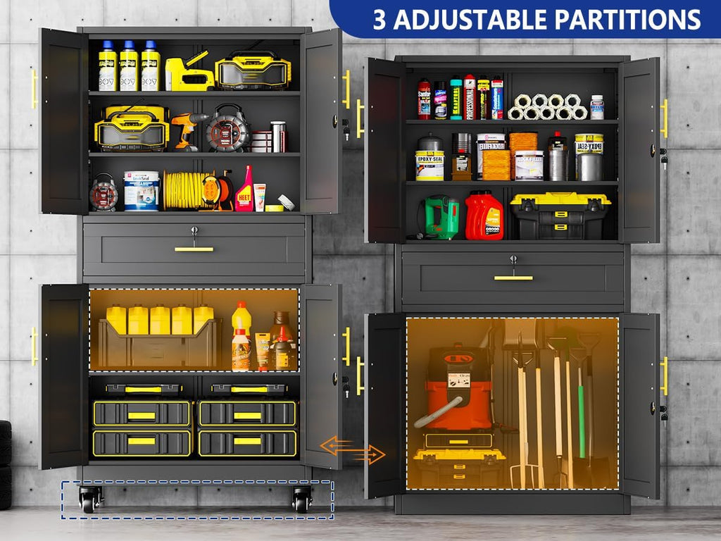 Ckzbx Metal Garage Storage Cabinet with Locking Drawers and Adjustable Shelves,71" H Rolling Tool Storage with Wheels for Garage,Office (Black)