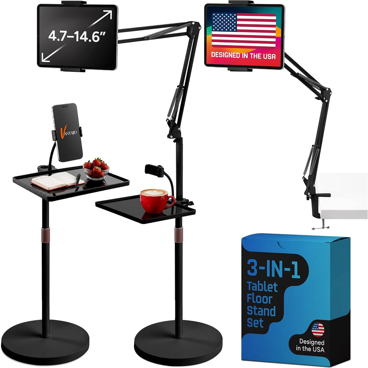 Tablet Floor Stand, 12lb Weighted Base, Tray & Phone Holder, Black