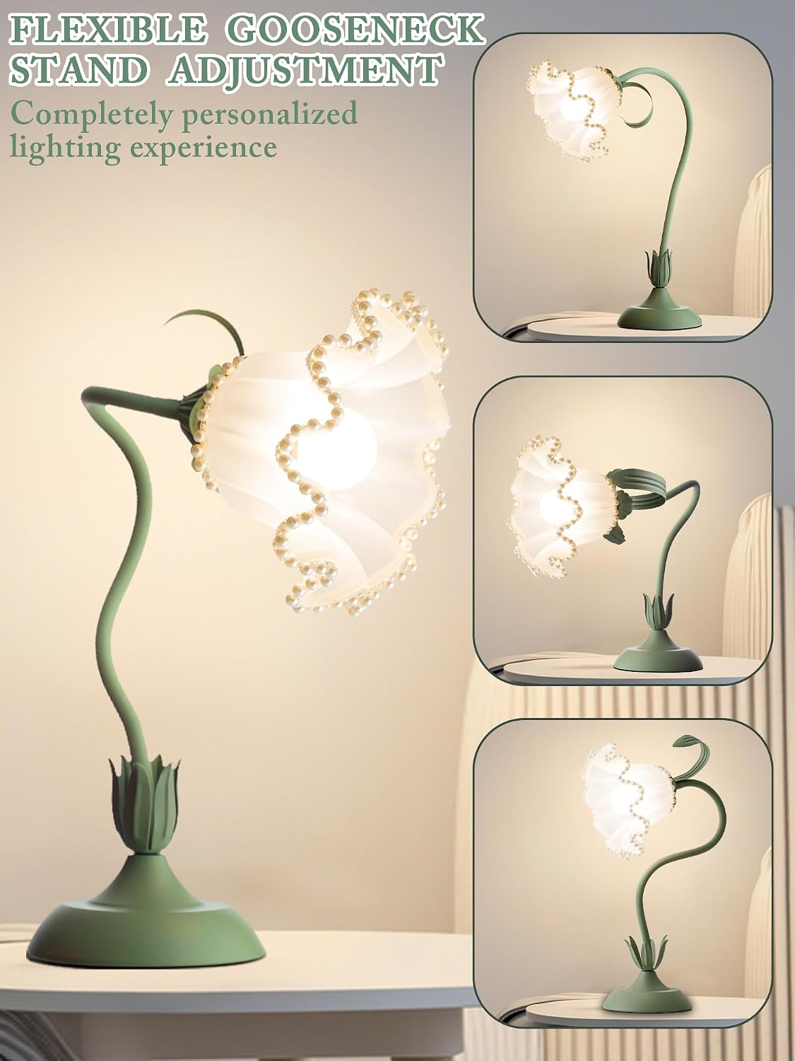 Flower Table Lamp, LED Reading Light Vintage Night light (Green Pearls)