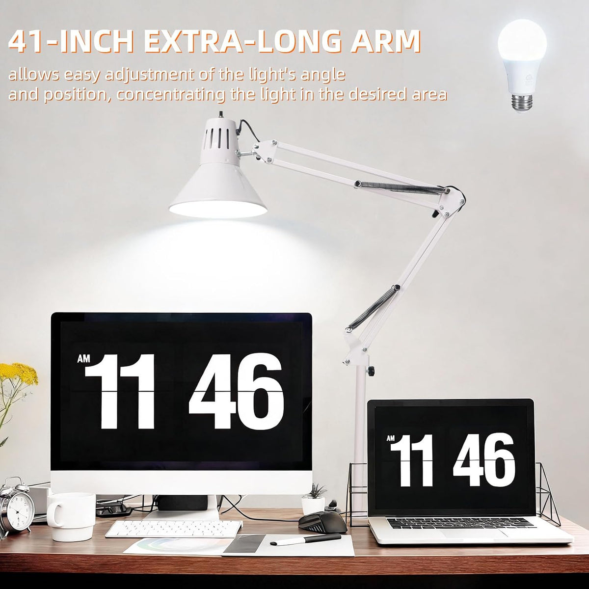 White Desk Lamp with Clamp, Extra-Tall Adjustable Metal Swing Arm, 5000K