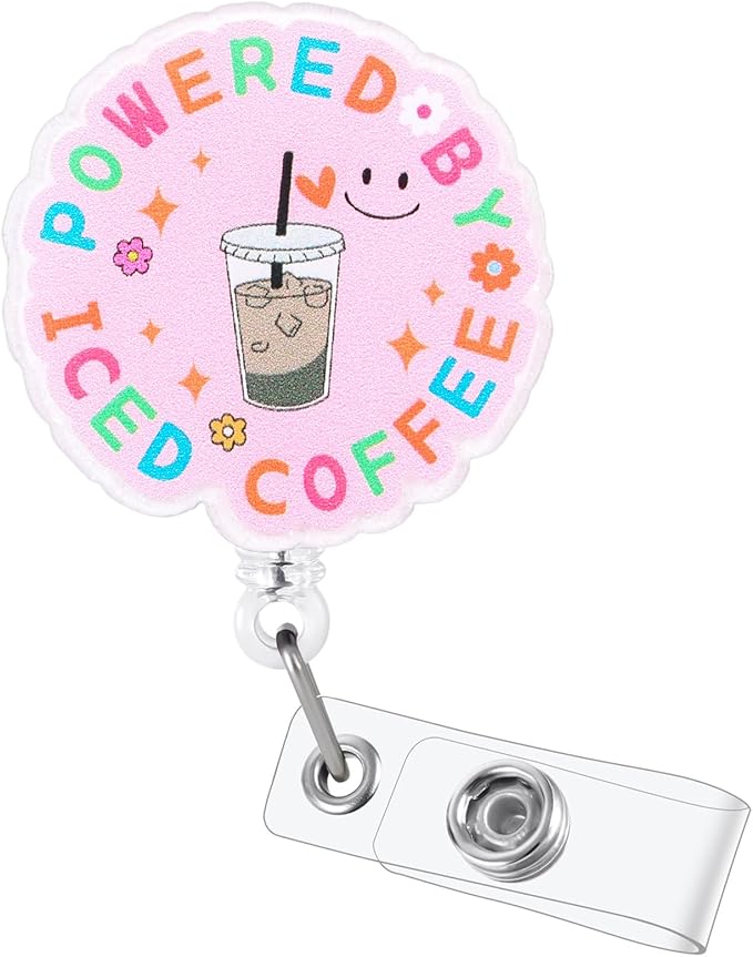 Powered by Iced Coffee Funny Pink Nurse Badge Reel, Cute Retractable ID Card by LINAYOHA