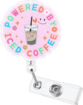 Powered by Iced Coffee Funny Pink Nurse Badge Reel, Cute Retractable ID Card by LINAYOHA