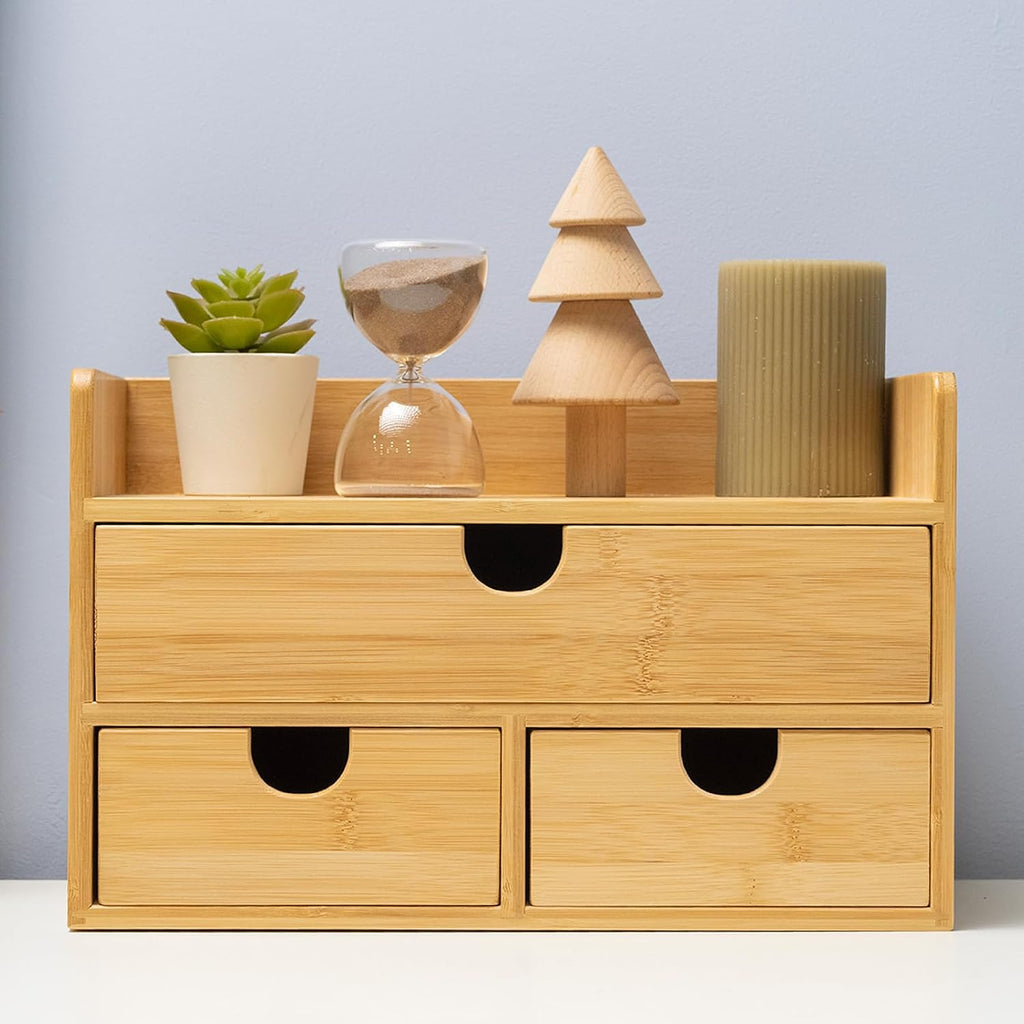 meeden bamboo desk organizer with drawers: storage container, front angle view