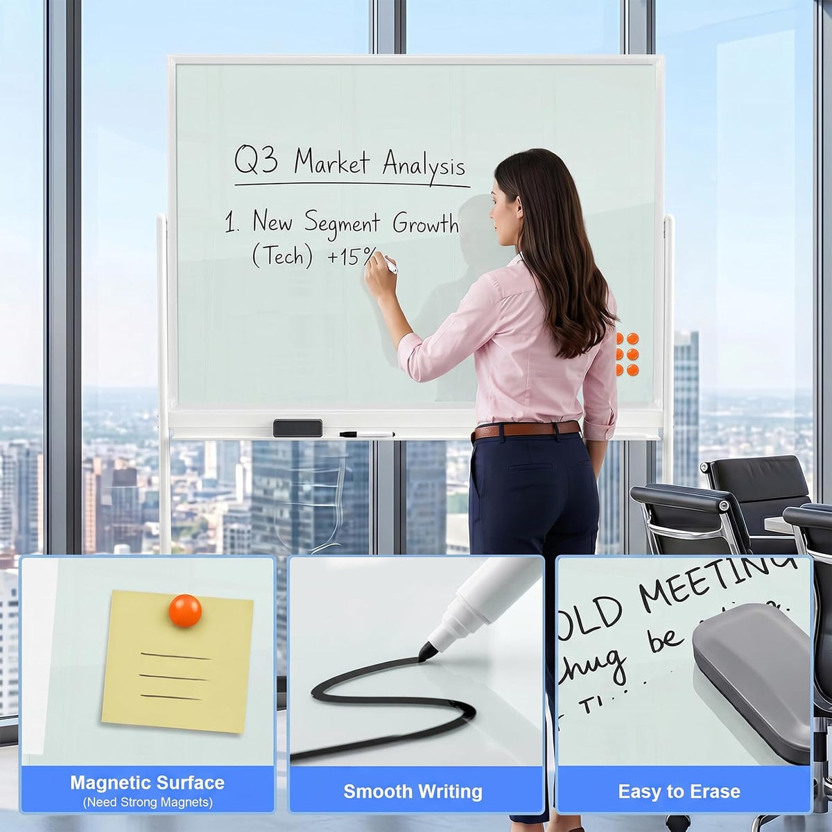 Wingwise Glass Whiteboard, 48 x 30 Inch Standard White with Stand